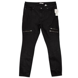 JustFab Black Moto Zip Knee Skinny Jeans Silver Zip Mid Rise Stretch Plus NWT 35